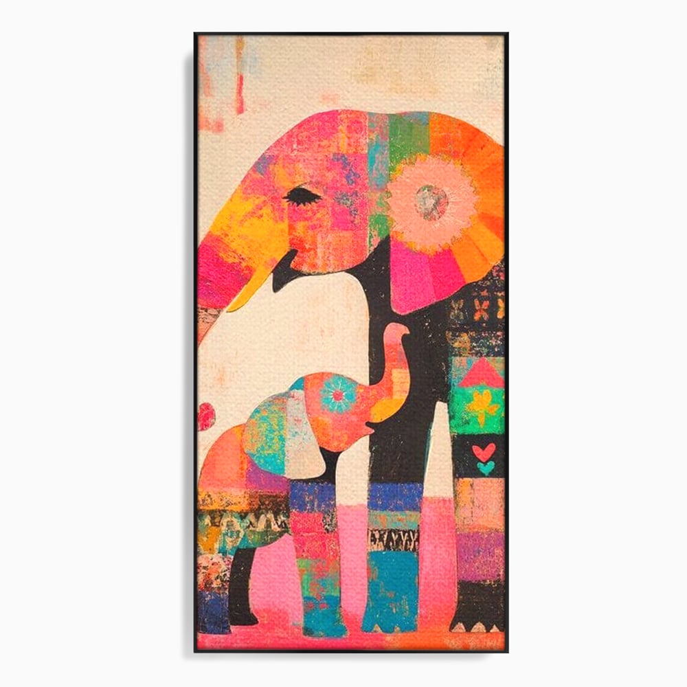 Tablou canvas cu tablou pictura cu elefanti colorati, in rama de aluminiu negru